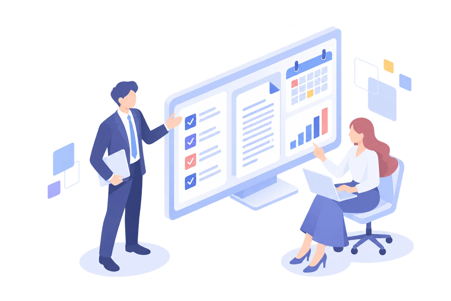 AIを日々の仕事に取り入れる人たちのアイソメトリックイラスト
